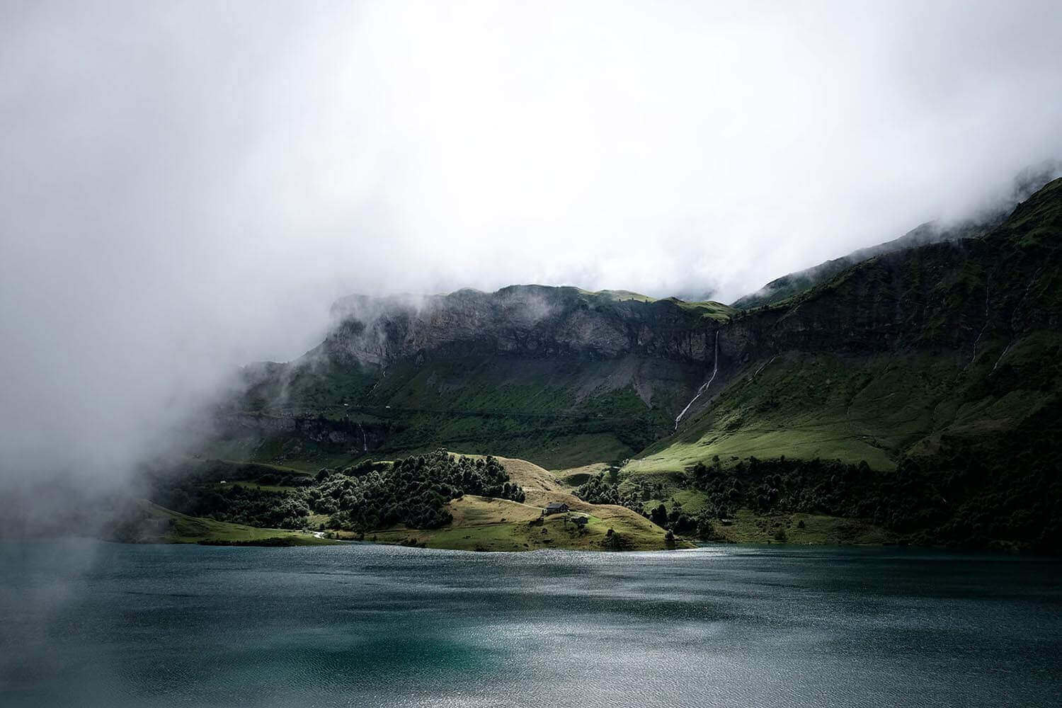 Fog lifts over green rolling hills above calm water in a California landscape.